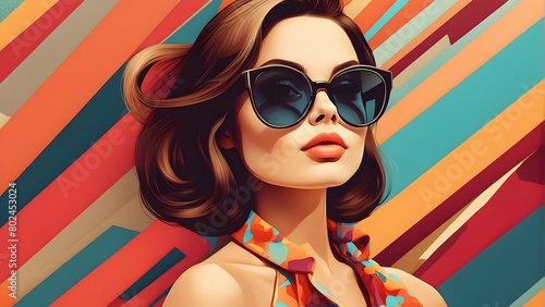 An artistic depiction features a stylized woman wearing sunglasses with a colorful abstract background