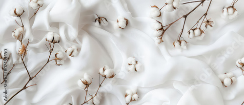 Cotton branches with bolls on white drapery photo