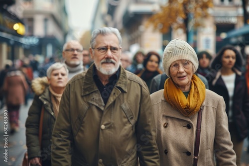 Elderly people walking in the street in Paris, France.