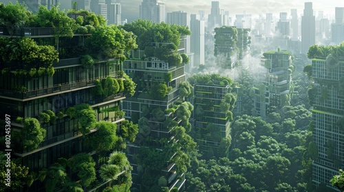 Splendid environmental awareness city with vertical forest concept of metropolis covered with green plants. Civil architecture and natural biological life combination. . Generative AI hyper realistic 