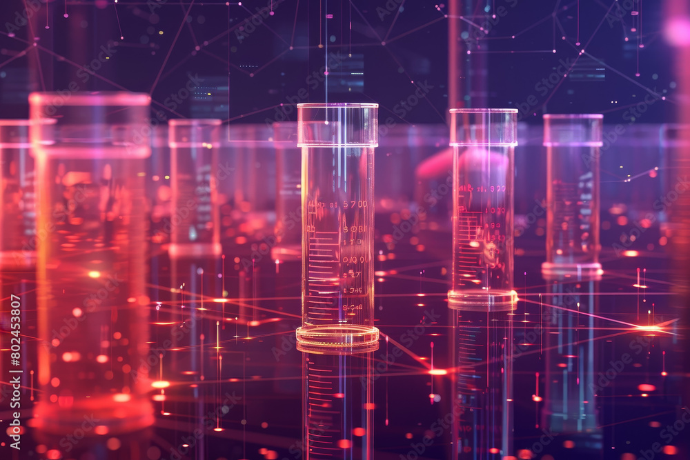 Obraz premium A series of glass vials are lined up on a table, each with a different color