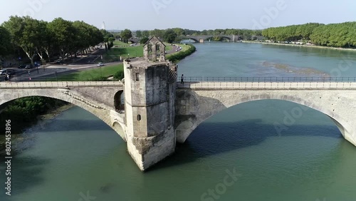 Aerial view of Saint Bénézet also known as Pont d'Avignon is a famous medieval bridge over the Rhone in the town of Avignon in southern France and a popular tourist attration 4k high resolution photo