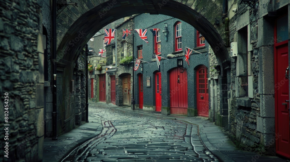 city, as you behold an old stone building boasting vibrant red doors and windows, adorned with British flags and hanging flowers, nestled under a bridge at street level.