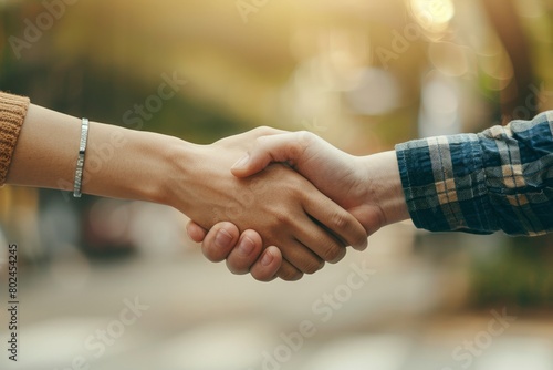 two business people shaking hands on blur office background