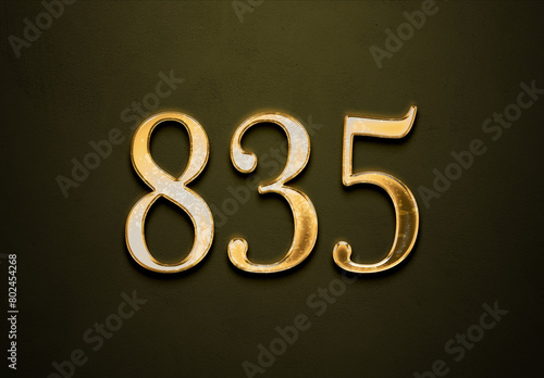 Old gold effect of 835 number with 3D glossy style Mockup. 