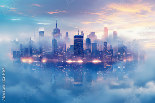 Foggy New York City skyline at sunrise