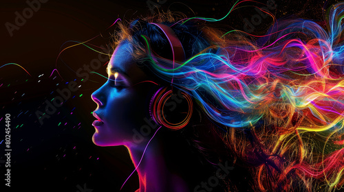 A woman with colorful hair and headphones on her head