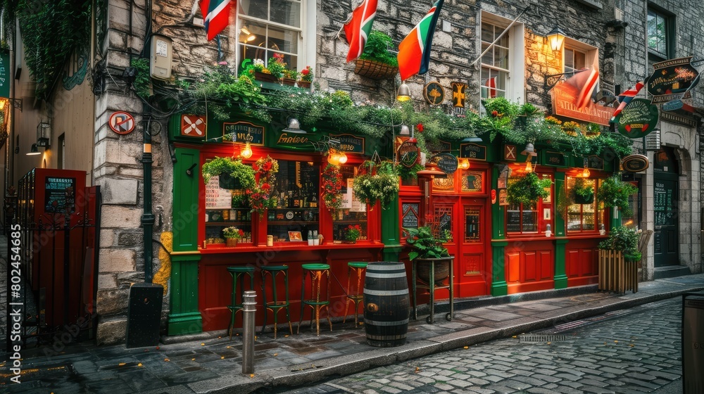 city, as you behold an old stone building boasting vibrant red doors and windows, adorned with British flags and hanging flowers, nestled under a bridge at street level.