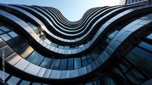 The highrise curved reflective architecture under the brightest clear sky day that a large and uncountable amount of room and curved mirror or curved glass that can reflect light form the sun. AIGX03.