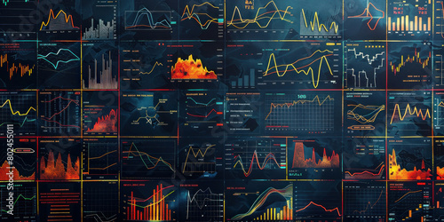 Various types of graphs and charts displayed on a computer screen against a dark background photo