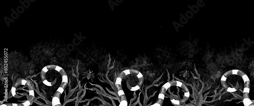 Halloween horizontal seamless border of thorn branches and stripped swirl. Watercolor hand drawn isolated illustration on black background. For web, print, flyers