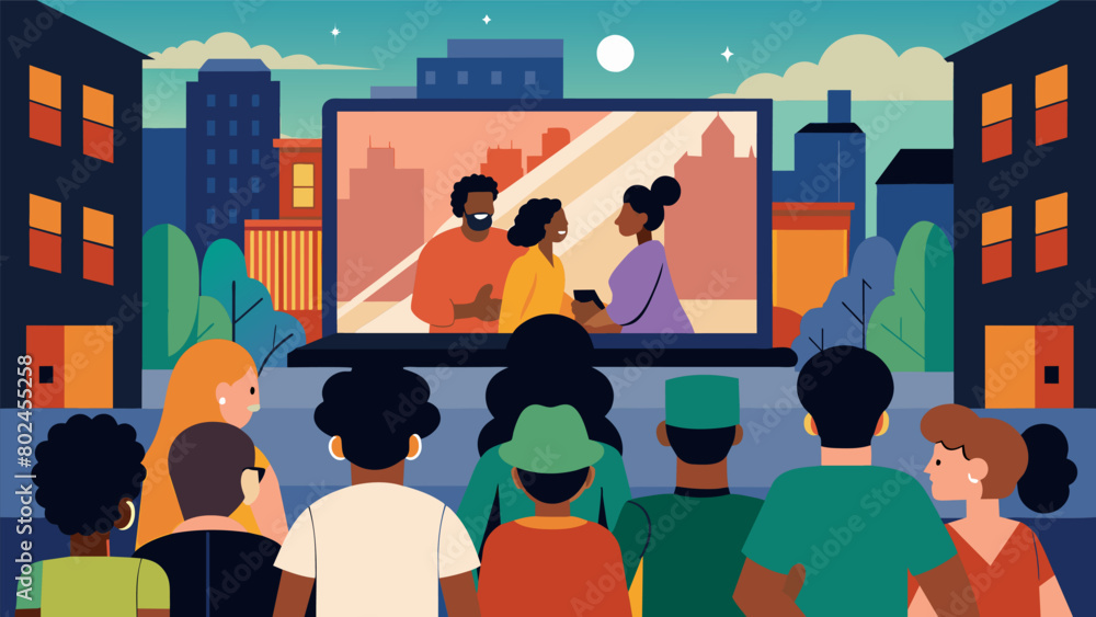 On a bustling city street passersby pause to watch snippets of a powerful documentary about Juneteenth playing on a public screen.. Vector illustration On a bustling city street passersby pause to watch snippets of a powerful documentary about Juneteenth playing on a public screen.. Vector illustration