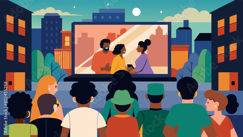 On a bustling city street passersby pause to watch snippets of a powerful documentary about Juneteenth playing on a public screen.. Vector illustration