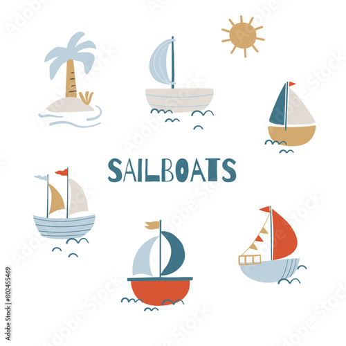 Set of Nautical cartoon stickers. Vector hand drawn objects and symbols collection. Label design elements. Cute patches, pins, badges series. Comic style. Vector illustration.