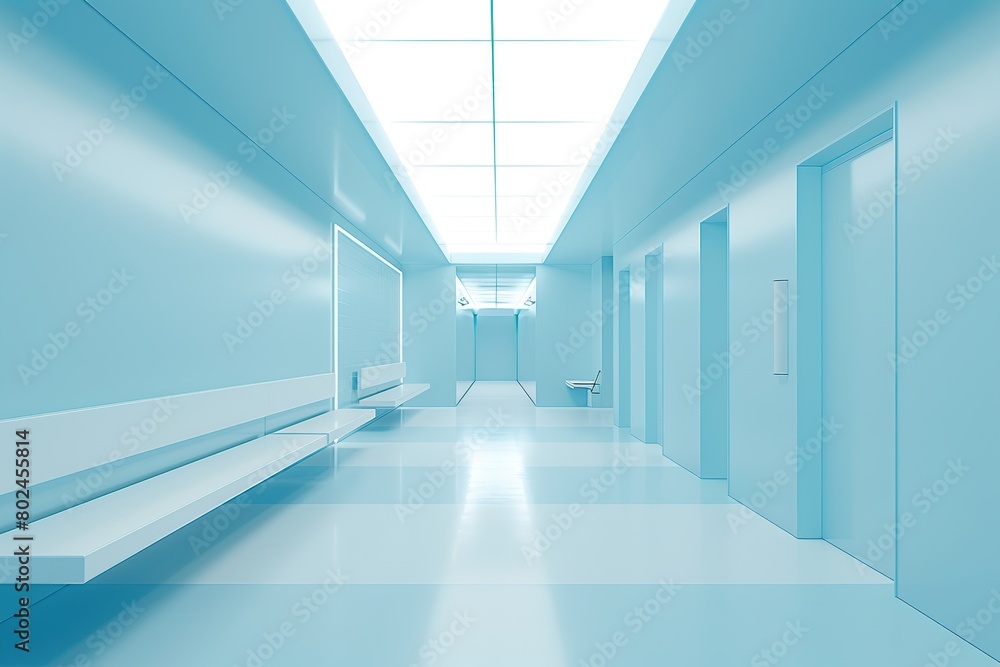 Empty modern hospital corridor with benches Empty modern hospital corridor with benches