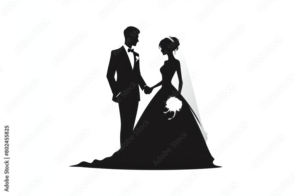 Minimalist Wedding Silhouette, Elegant Bridal Couple on white background Minimalist Wedding Silhouette, Elegant Bridal Couple on white background