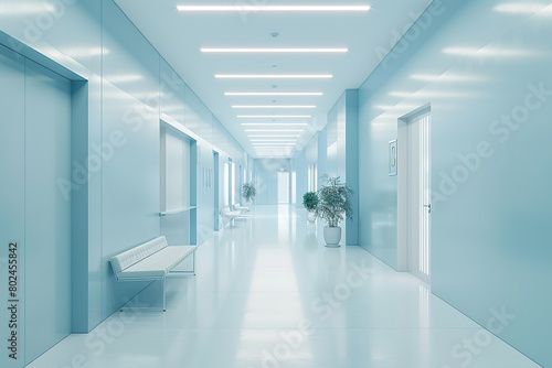 Empty modern hospital corridor with benches