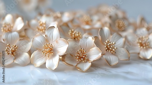  A collection of white blossoms resting atop a pristine white countertop adjacent to an elegant gold-plated decoration