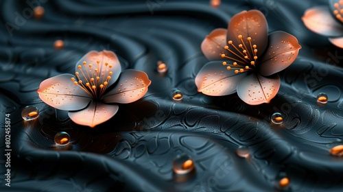  Group of orange flowers bobbing in water, droplets on petal tips
