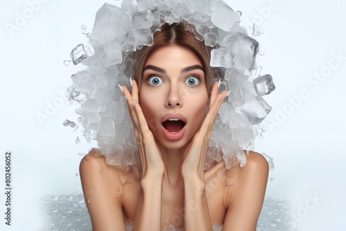 surprised woman in ice on white background