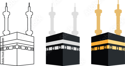 Kaaba design collection set. The Kaaba or Kabah, is a building at the center of Islam most important mosque Masjid al-Haram in Mecca, Saudi Arabia, direction of prayer for Muslims around the world.