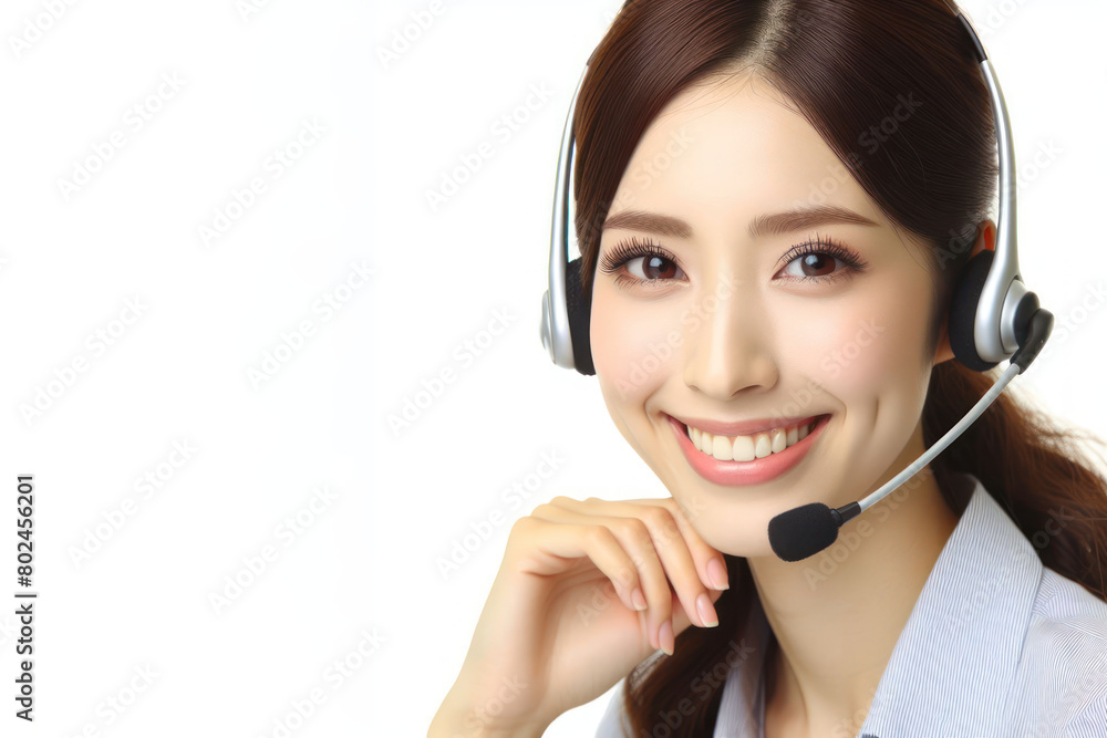 a smiling female call center helpdesk operator on a white background a smiling female call center helpdesk operator on a white background