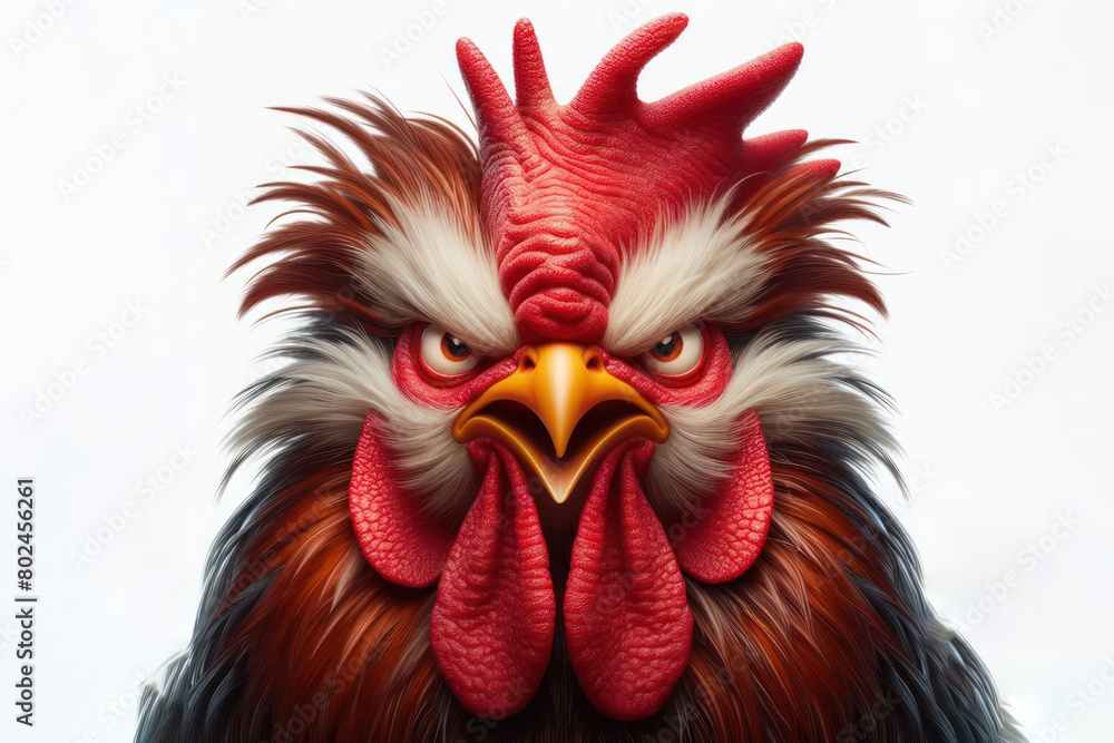 Angry rooster farm animal chicken with mean face isolated on white background