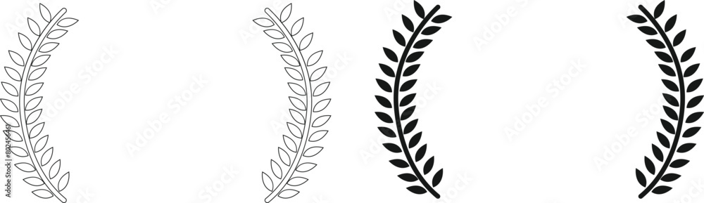 Fototapeta premium Laurel Wreaths Vector icon set. Silhouette circular laurel foliate, wheat and oak wreaths depicting an award, achievement, heraldry, nobility .Collection of Emblem floral greek branch flat style stock