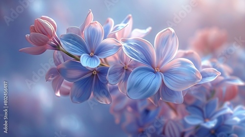   Close-up of blue and pink flowers on blue and pink backdrop with blurred sky