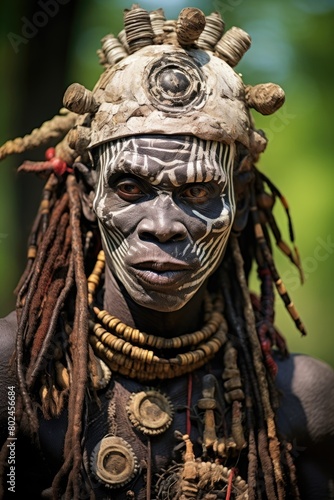 Tribal Warrior with Elaborate Headdress and Face Painting © Balaraw