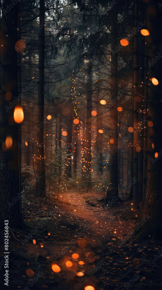 Mystical forest path with orange glimmers