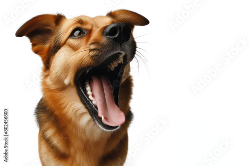 Singing dog in Mid Yawn on a white background photo