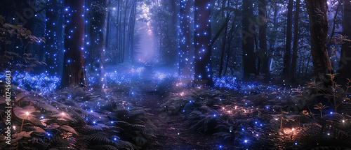 Fototapeta Naklejka Na Ścianę i Meble -  Enchanted blue forest with glowing lights