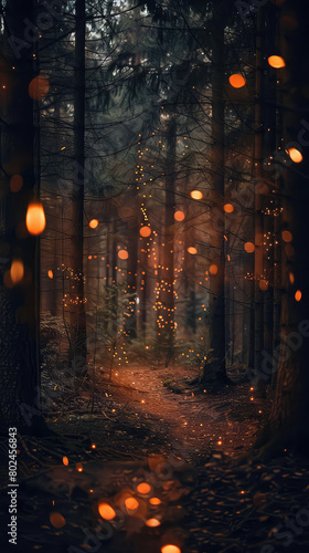 Mystical forest path with orange glimmers