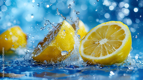 lemon on a blue wet background. cut lemon in drops and splashes of water. (ID: 802456846)