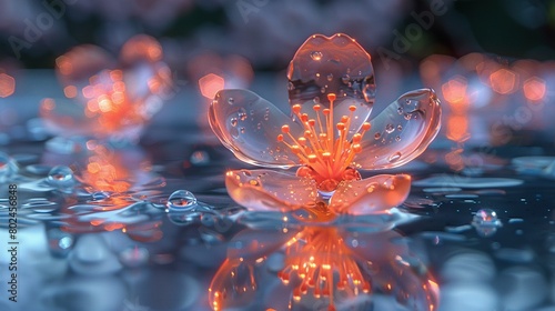  A close-up photo captures a bloom over rippling water, its reflection mirrored on the liquid's surface