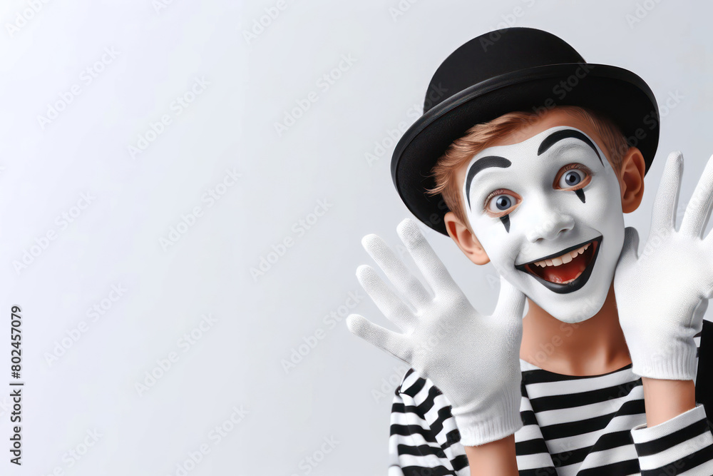 funny boy mime on white background copy space funny boy mime on white background copy space