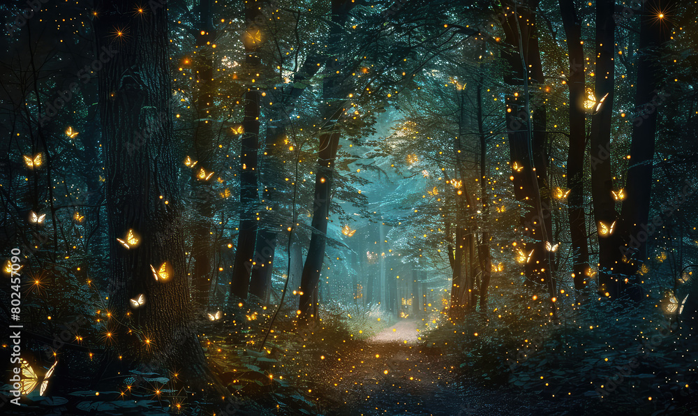 Dreamy forest path with golden fireflies