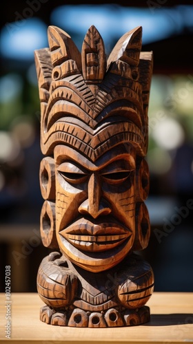 Intricate Wooden Tiki Mask with Detailed Carvings