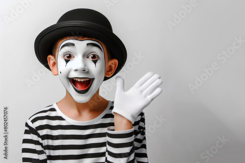 funny boy mime on white background copy space