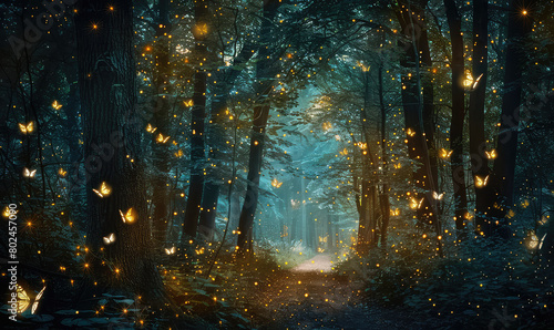 Dreamy forest path with golden fireflies © Mik Saar