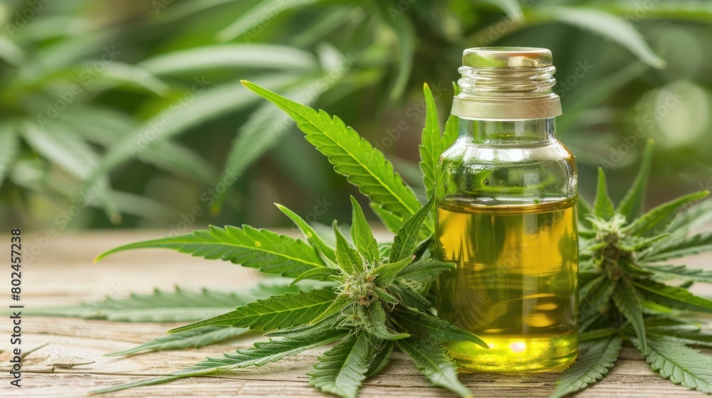 Marijuana oil in bottles and marijuana leaves on wooden table Marijuana oil in bottles and marijuana leaves on wooden table