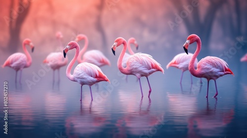 Flock of Vibrant Flamingos Wading in Shallow Water photo