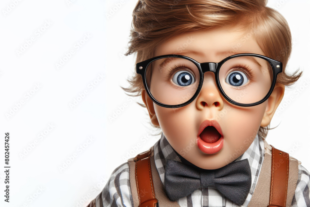 surprised baby in glasses with thick lenses isolated on white background surprised baby in glasses with thick lenses isolated on white background
