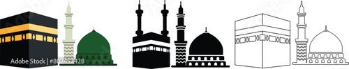 Kaaba, Mecca and Madina Pak Islamic sacred Masjid-Al-Haram on transparent background. Mosque Kingdom of Saudi Arabia icon set use for islamic logos, web, app, and other social media website.