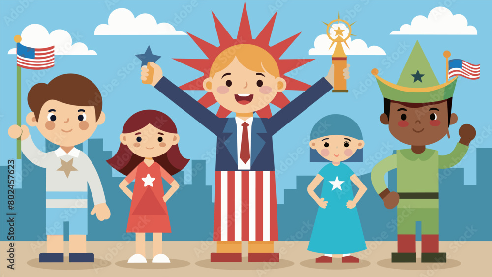 From Lady Liberties to Uncle Sams the children proudly displayed their creative interpretations of famous American icons at the Kids Patriotic Costume. Vector illustration From Lady Liberties to Uncle Sams the children proudly displayed their creative interpretations of famous American icons at the Kids Patriotic Costume. Vector illustration