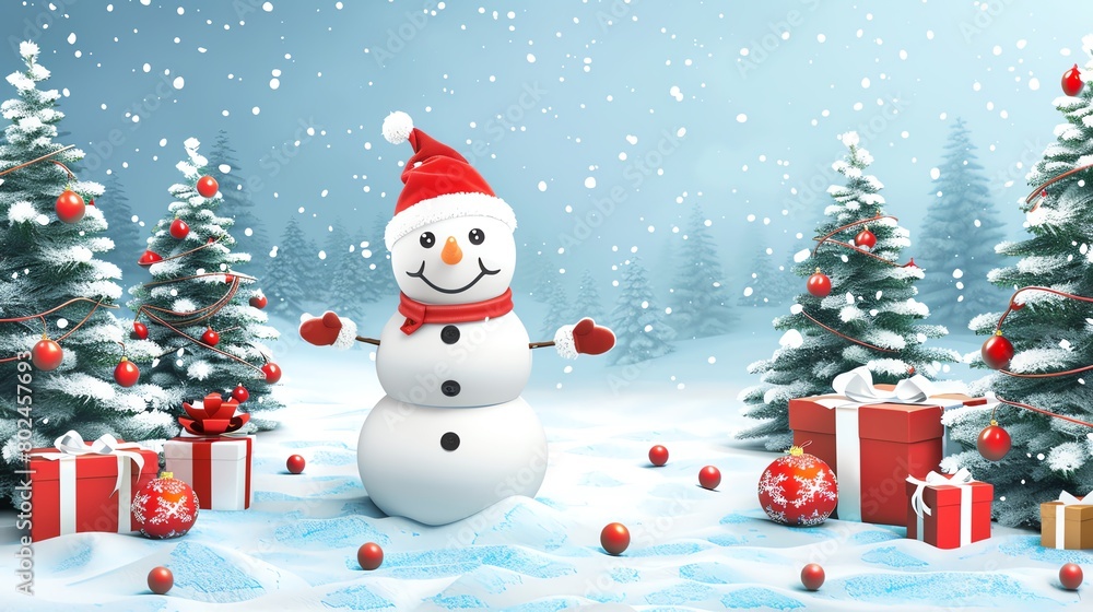 smiling snowman standing in snow near spruce trees, christmas balls and gifts