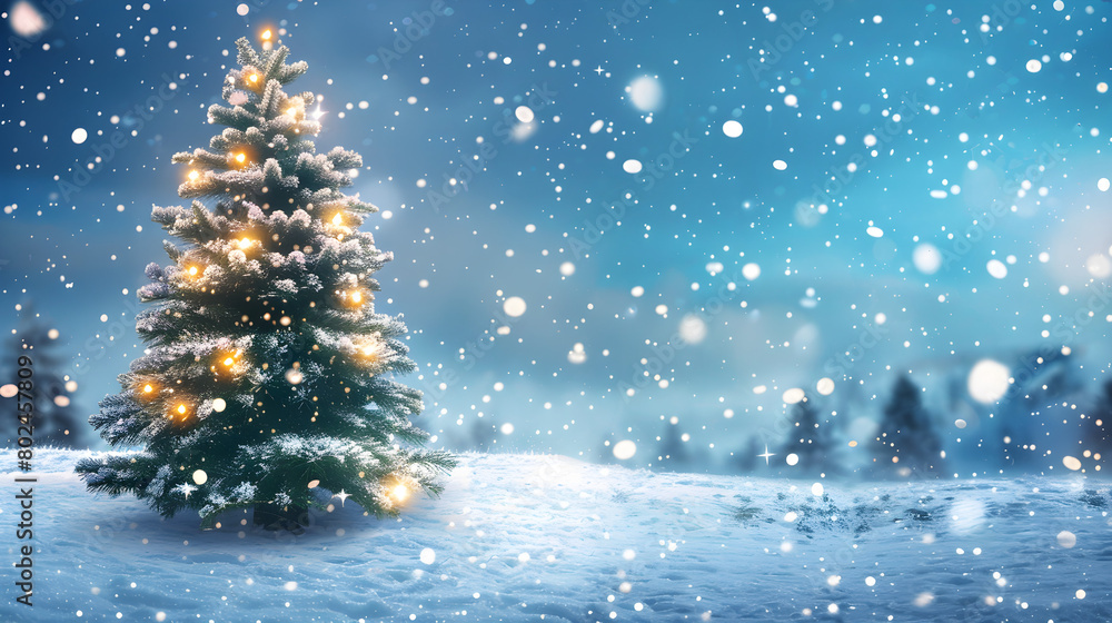Fantastic winter landscape with a Christmas tree, snow, and stars. Perfect for Christmas backgrounds or winter holiday-themed designs. Fantastic winter landscape with a Christmas tree, snow, and stars. Perfect for Christmas backgrounds or winter holiday-themed designs.