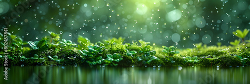 Beautiful Moss Rain Background, Summer rain in lush green forest with heavy rainfall background Rain in the forest with sun casting warm rays between the trees Abstract natural backgrounds 