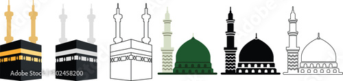 Kaaba, Mecca and Madina Pak Islamic sacred Masjid-Al-Haram on transparent background. Mosque Kingdom of Saudi Arabia icon set use for islamic logos, web, app, and other social media website.
